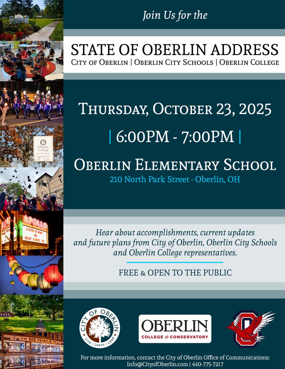📢Join us for the State of Oberlin Address

🔹Thursday, October 23
🔹6PM - 7PM
🔹Oberlin Elementary School (210 North Park Street)

Hear from representatives from the City of Oberlin, Oberlin City Schools and Oberlin College.

🔸FREE &amp; Open to the Public🔸