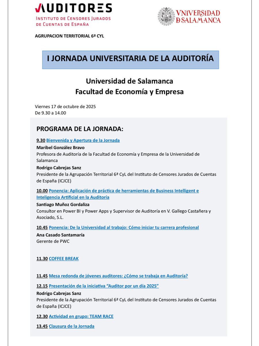 🙌🏻🫶Y seguimos #innovando con nuevas #Jornadas👏🏻Bravo, Bravisimoooo👏🏻. Este viernes tendrá lugar una Jornada sobre Auditoría que junto al Instituto De Censores Jurados De Cuentas De España y <a href="/EconomiaUsal/">Economía y Empresa</a> viviremos una mañana de oportunidades. 

Gracias y en especial a #Maribel.