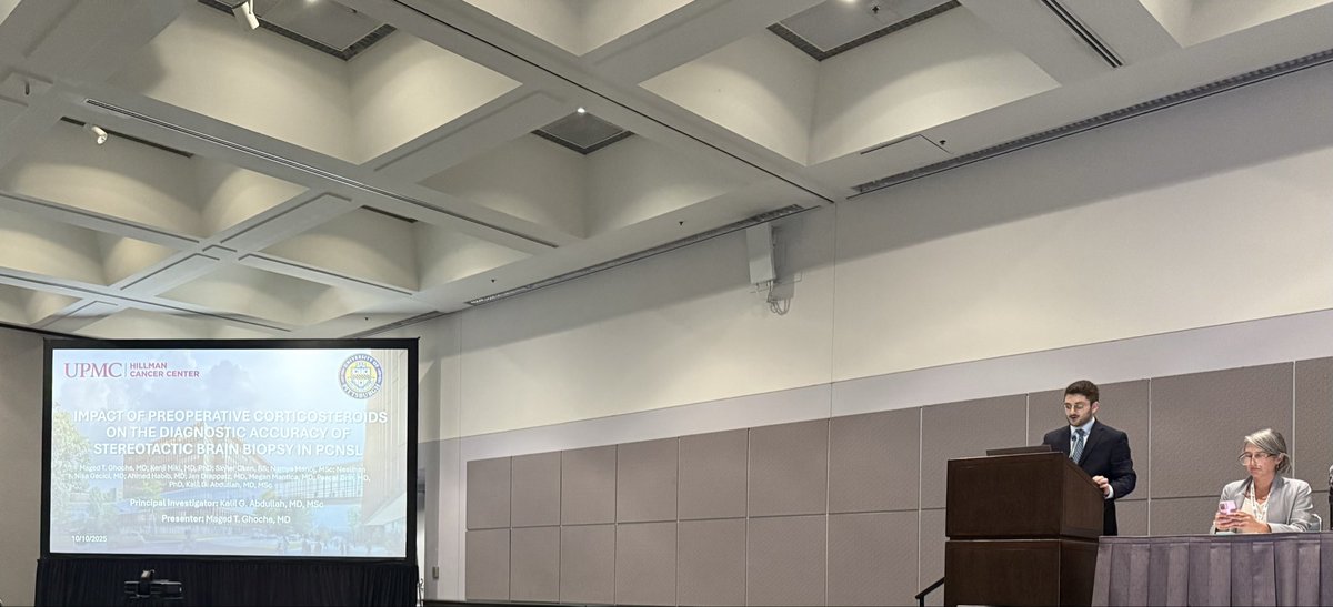 MagedGhoche's tweet photo. Had the honor to present at @NSTumorSection, showcasing our work from the Abdullah Lab on “Corticosteroid Use Before Stereotactic Brain Biopsy for Suspected Lymphoma.” Thank you Kalil Abdullah, MD, MSc for this opportunity! 
@CNS_Update @PittNeurosurg @UPMCHillmanCC #CNS2025 https://t.co/UJFTDyPzwG
