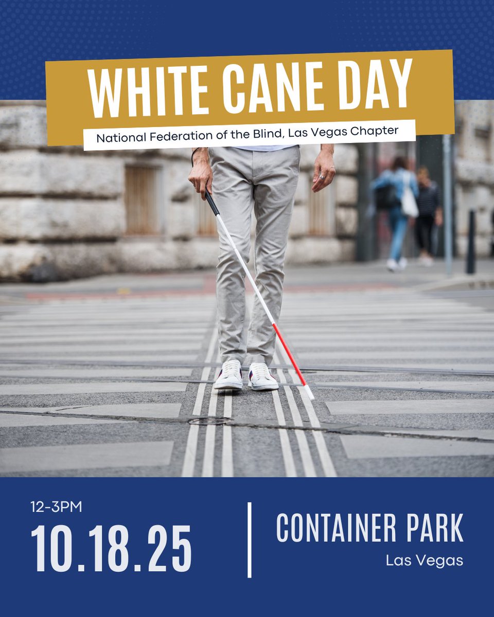 DetrNevada's tweet image. Join the National Federation of the Blind, Las Vegas Chapter, for White Cane Day.
✅10/18
🕛12-3PM
📍Container Park in Las Vegas.
White Cane Day events bring awareness to the white cane, a critical tool for those with vision loss.  
#whitecaneday