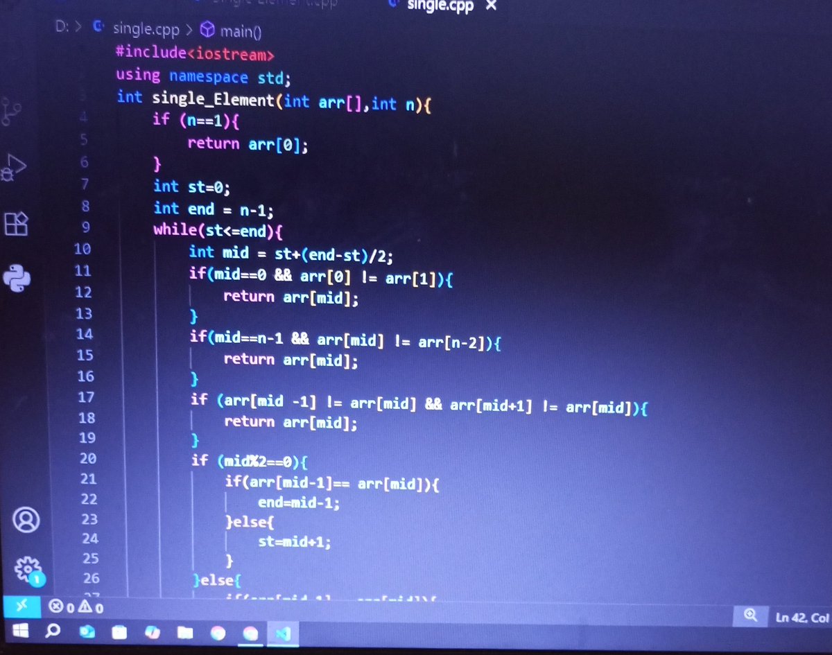 rafayali2712's tweet photo. #Day20 of my #DSA Journey in
C++ with @ApnacollegeX
& @ShradhaKhapra_
Today I learned how to search for a single element in a sorted array using Binary Search.
Also explored how this approach works in O(log n) time complexity.
#100DaysOfCode #CodingJourney #BinarySearch #cplus https://t.co/mp8GZq8QWP