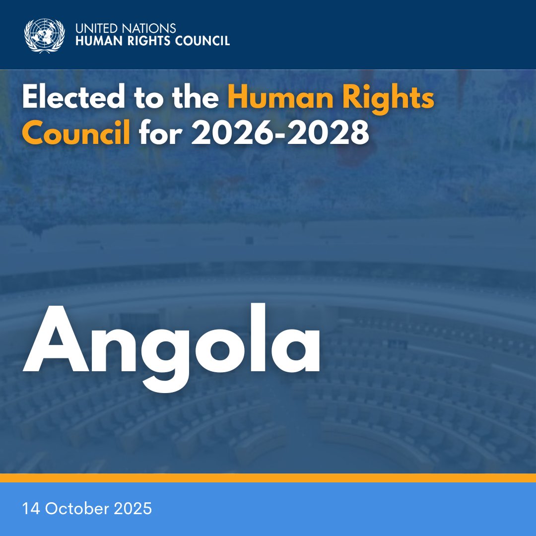 UN Human Rights Council (@un_hrc) on Twitter photo The <a href="/UN/">United Nations</a> General Assembly has elected #Angola as a member of the United Nations Human Rights Council (<a href="/UN_HRC/">UN Human Rights Council</a>) for a three-year term beginning on 1 January 2026. The <a href="/UN/">United Nations</a> General Assembly has elected #Angola as a member of the United Nations Human Rights Council (<a href="/UN_HRC/">UN Human Rights Council</a>) for a three-year term beginning on 1 January 2026.