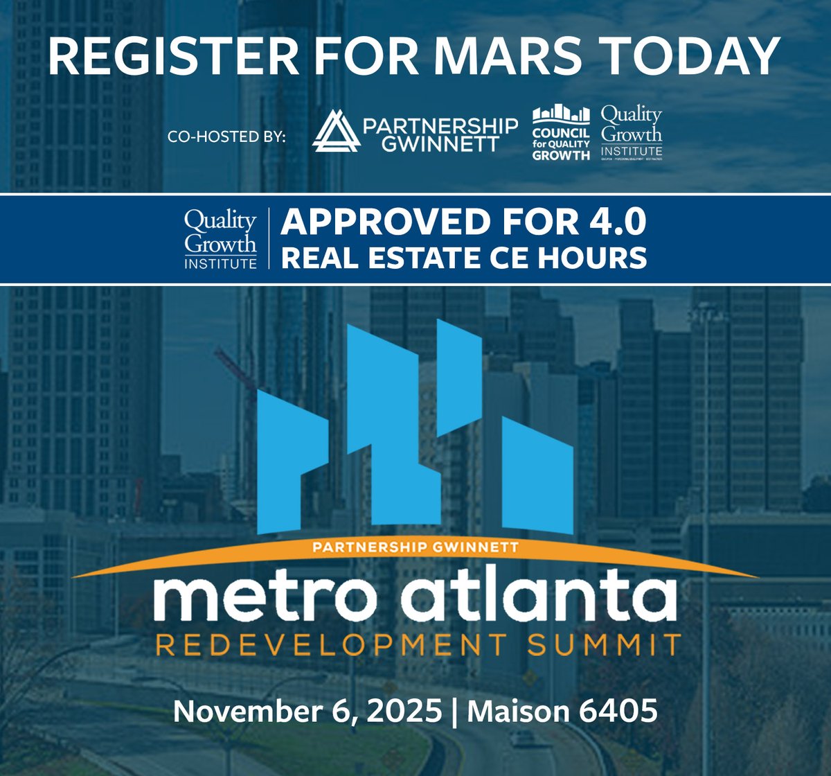 We are proud to partner with <a href="/PartnershipGw/">Partnership Gwinnett</a> to host the 2025 Metro Atlanta Redevelopment Summit on November 6. This event is now approved for 4.0 Real Estate CE Hours through the Quality Growth Institute, the Council's education arm.

Register here: web.gwinnettchamber.org/events/The-Met…