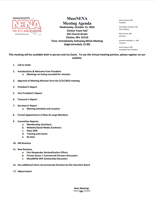 mass_nena's tweet photo. MASSNENA CHAPTER MEETING TOMORROW!
Please join us for our next Massachusetts NENA Chapter meeting, Wednesday, October 15th, 2025 at 12:30pm or upon conclusion of the MCSA Meeting.
Join us in person at Clinton Town Hall, located at 242 Church St. Clinton MA, be advised parking is limited so all attendees are encouraged to carpool if possible.
If you can't make it in person, please feel free to join us virtually!
To register for the meeting in person or virtually, please use this link below! The MASSNENA Chapter looks forward to seeing you all there!

https://t.co/TofIFtEE8X