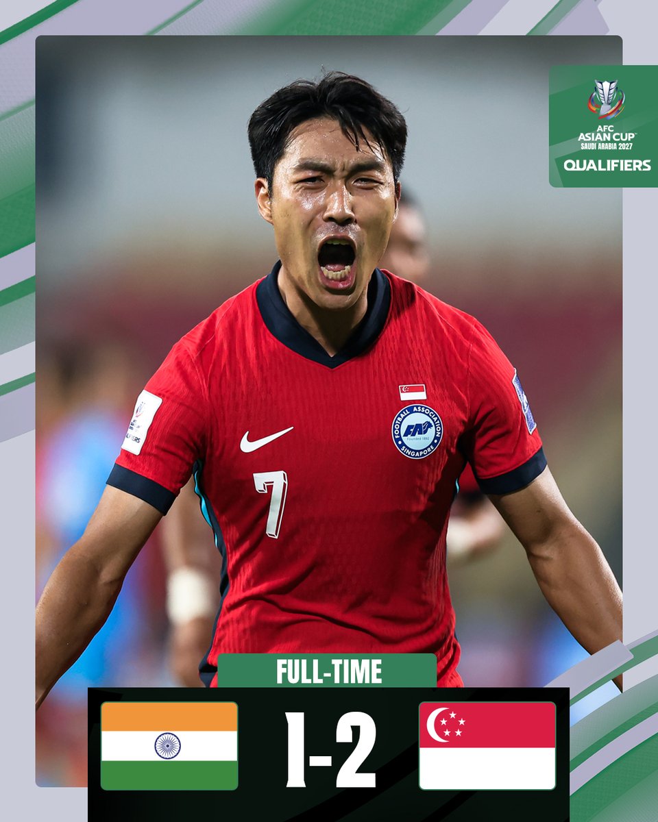 afcasiancup's tweet photo. 𝗙𝗧 | 🇮🇳 India 1️⃣-2️⃣ Singapore 🇸🇬

Singapore stun the hosts to grab all three points in Group C!

#ACQ2027 | #INDvSGP https://t.co/YVPMAA9ONh