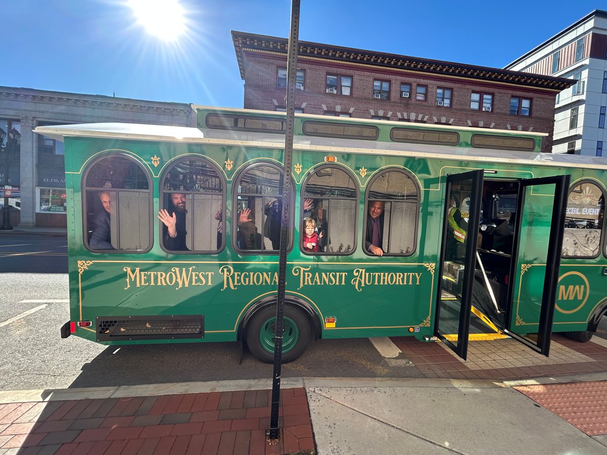 MWRTA's tweet photo. Thursday afternoon we took a ride on one of our new trolley busses with Mayor Sisitsky, COO Mike Tusino, City Councilors Phil Ottaviani and Janet Leombruno, Public Information Officer Susan Petroni, and our newest rider, Jack! 

We drove a portion of the Route 4 South which will see trolley's on it in this week! We looked at the stops and talked about how exciting it was to have the new vehicles as part of the MWRTA fleet. 

Be on the look out, we are slowly rolling out the trolleys on the Route 4 South and Route 7C... see you on board! 🚃☀️