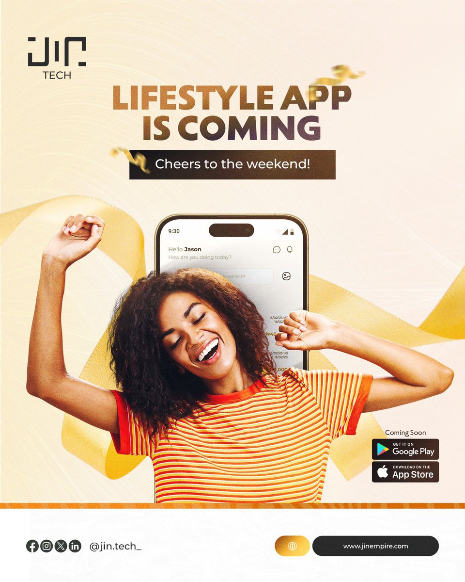Jintech_'s tweet photo. The wait is almost over! 🎉
Your all-in-one lifestyle app is coming soon.
Cheers to the weekend — and to smarter living with #JinTech!
#Innovation #TechLifestyle #ComingSoon
Nigeria South Africa Benin World Cup Super eagles Osimhen https://t.co/1ZBcwY9VwY