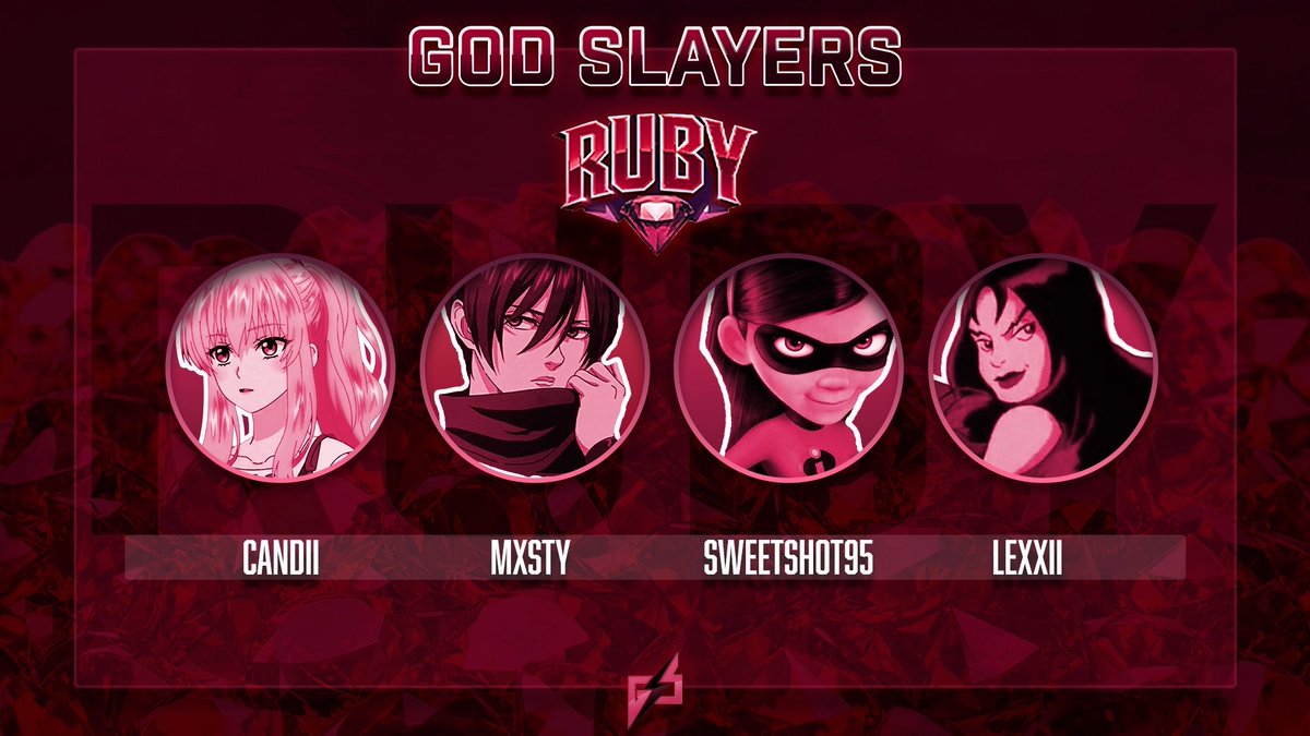 Introducing yet another cod female comp team that will be entering #BlackOps7 👏 

- God Slayers Ruby -

💎 <a href="/Lexxii_gs/">Lexxii</a> - Captain 
💎 <a href="/bbymxsty/">mxsty</a> 
💎 SweetShot95
💎 <a href="/CandiiXO_/">Candii 🌸</a> 

Credits to <a href="/CandiiXO_/">Candii 🌸</a> for the banner 🌼