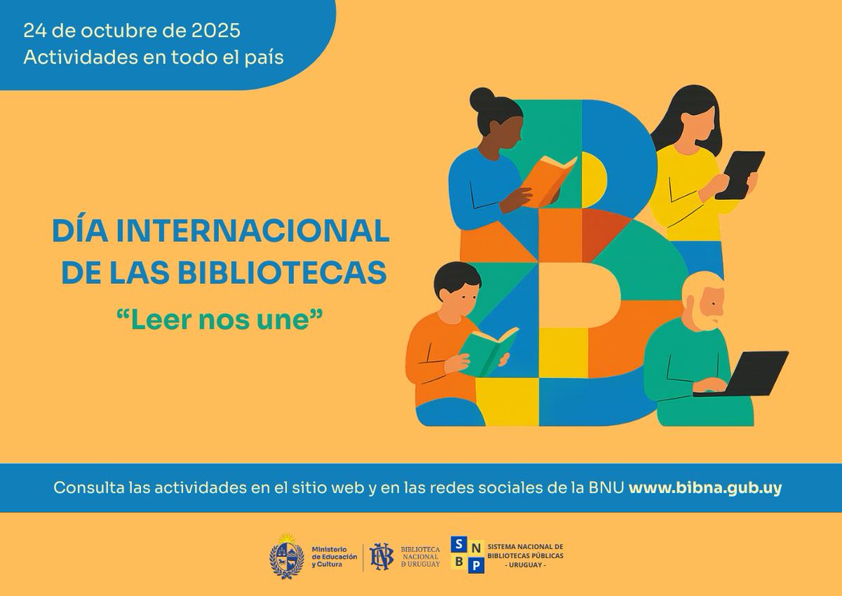 Biblioteca Nacional 🇺🇾 (@bnuruguay) on Twitter photo 📚𝑳𝒆𝒆𝒓 𝒏𝒐𝒔 𝒖𝒏𝒆 | El próximo 24 de octubre, como todos los años, celebramos el #DíaDeLasBibliotecas2025.
🇺🇾 Desde la <a href="/BNUruguay/">Biblioteca Nacional 🇺🇾</a>, invitamos a todas las bibliotecas del país a participar sumando sus actividades en nuestra grilla de difusión➡️bibna.gub.uy/biblioteca-nac… 📚𝑳𝒆𝒆𝒓 𝒏𝒐𝒔 𝒖𝒏𝒆 | El próximo 24 de octubre, como todos los años, celebramos el #DíaDeLasBibliotecas2025.
🇺🇾 Desde la <a href="/BNUruguay/">Biblioteca Nacional 🇺🇾</a>, invitamos a todas las bibliotecas del país a participar sumando sus actividades en nuestra grilla de difusión➡️bibna.gub.uy/biblioteca-nac…