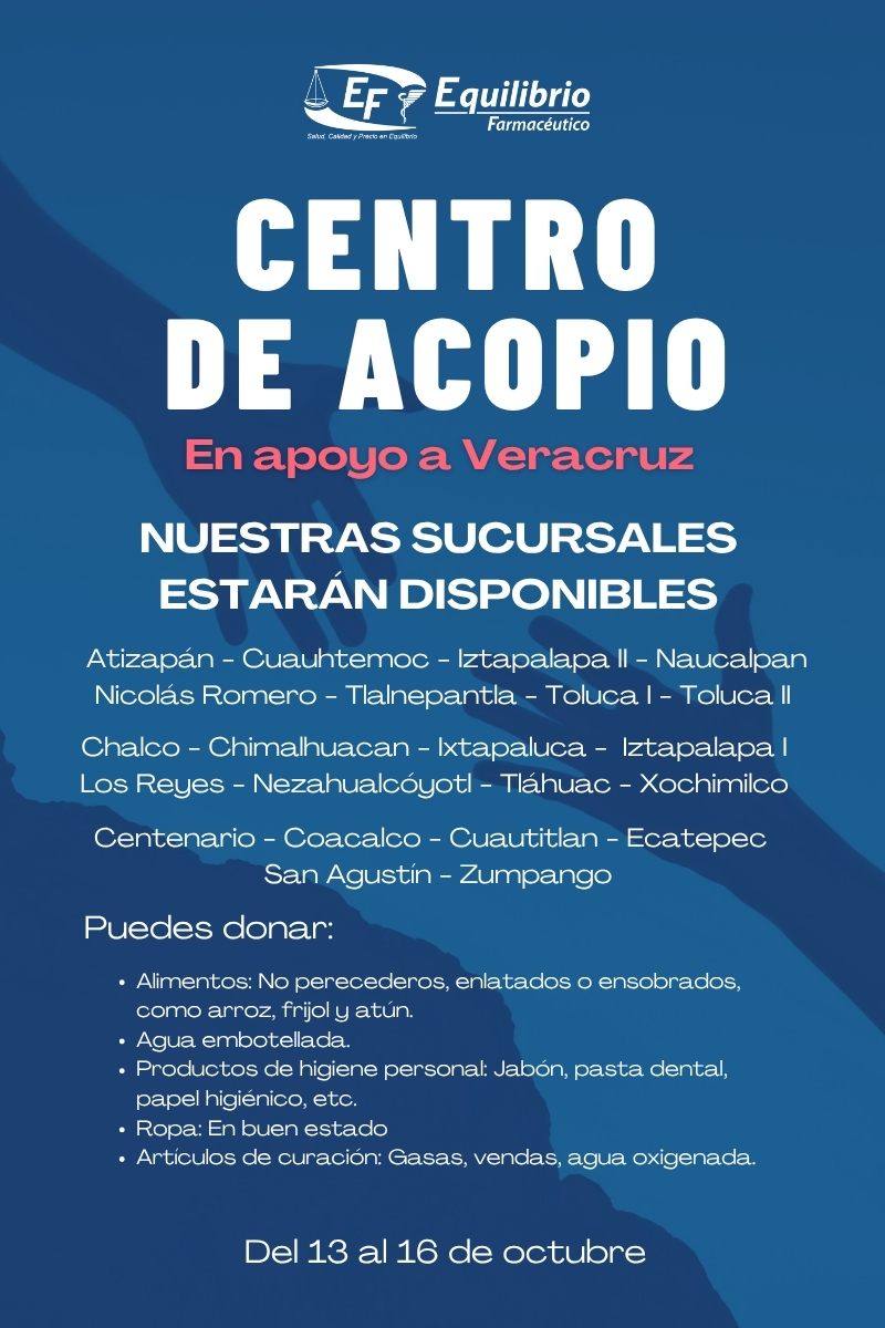 En Equilibrio Farmacéutico abrimos nuestras sucursales como centros de acopio para apoyar a las familias afectadas por las inundaciones en #Veracruz
Juntos, podemos marcar la diferencia. 💙
#SoyEQF💙❤️