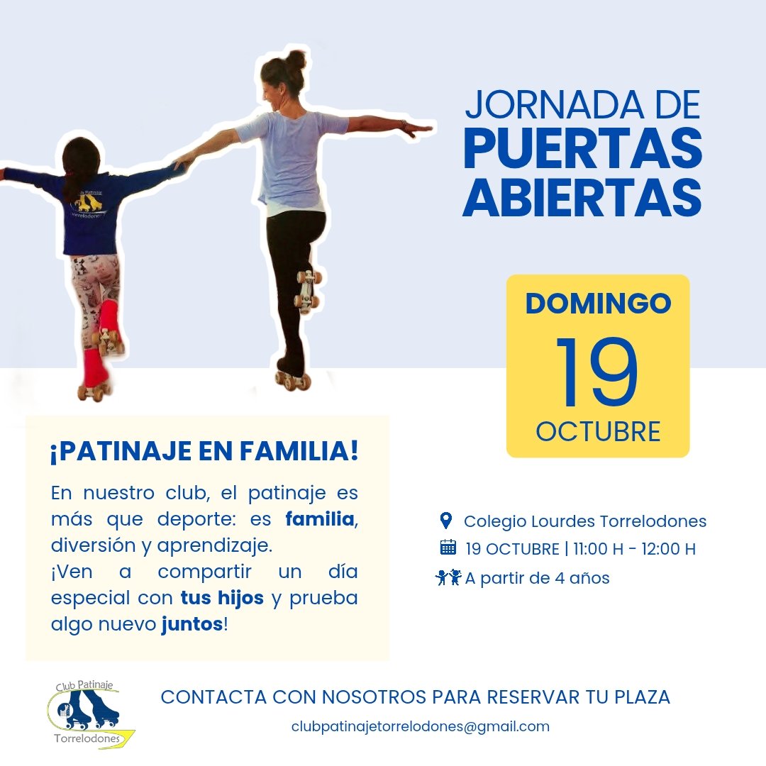 ¡Papis, mamis y peques de más de 4 años... este plan es para vosotros! 
Venid a patinar juntos en nuestra Jornada de Puertas Abiertas 🛼❤️

📅 19 de octubre | 🕚 11:00 a 12:00 h
📍 Colegio Lourdes Torrelodones
📩 Reserva tu plaza: clubpatinajetorrelodones@gmail.com