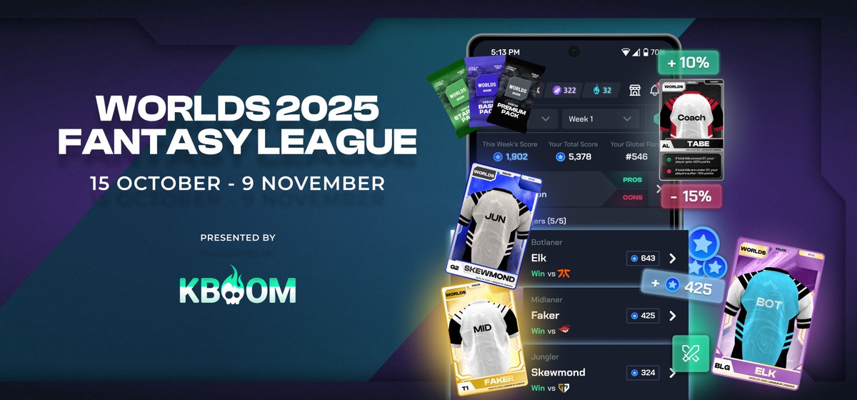KboomGG's tweet photo. The #Worlds2025 Fantasy League is live on #KBOOM 

Build your dream team, climb the leaderboard, and compete for the top spot 🔝

Here’s a little code to kick off the Swiss Stage: "WORLDS5" 🎁

Who will prove to be the ultimate Worlds expert? https://t.co/K0He2PeeMi