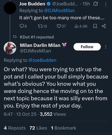 Mayor_of_dallas's tweet photo. After the comments Joe made about Doechii on the pod her DJ fired back on X. Here's Joe replying to her posts about him ๐ #GetTopOnThePhone https://t.co/JLijB7oypk