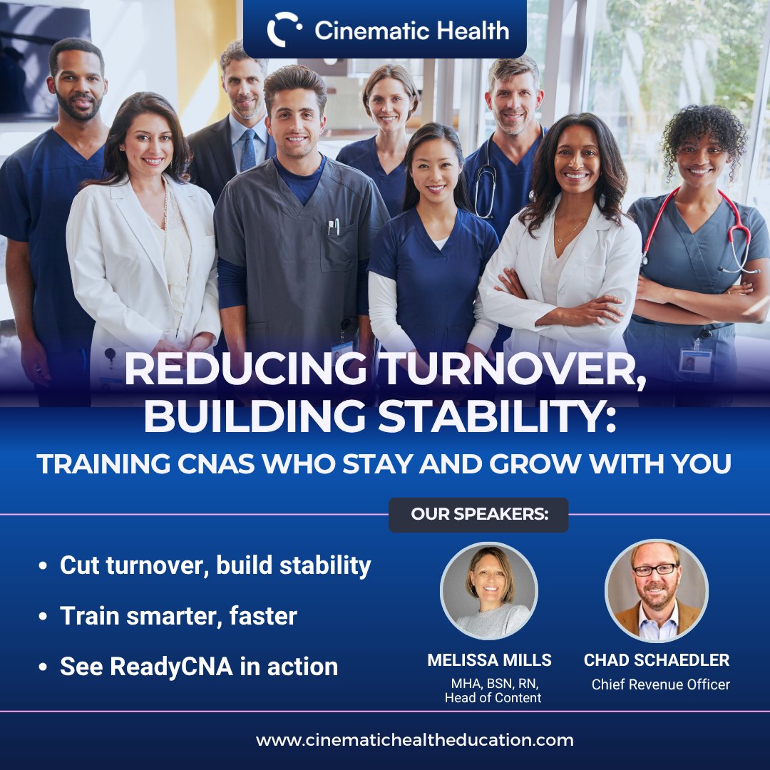 CinematicHealth's tweet photo. High CNA turnover disrupts care and drives up costs. Learn how to train CNAs who stay and grow with your team 

Join our free webinar and discover practical strategies that work.
📅 Wednesday, October 29, 2025
🕒 12pm EST
👉 Register Now!: https://t.co/LY0FO7n1A9 https://t.co/HNxoxdCIwX