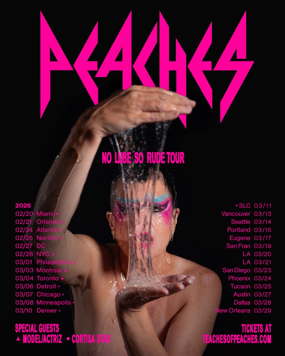 peaches's tweet photo. NO LUBE SO RUDE. TOUR 2026.

https://t.co/QEK7lyoIR5 FOR MORE INFO &amp; TO SIGN UP FOR PRE-SALE ACCESS.

PRE-SALE BEGINS OCT 15 AT 10AM LOCAL.

TICKETS ON-SALE FRIDAY OCT 17 AT 10AM. https://t.co/JZYMQtXu54