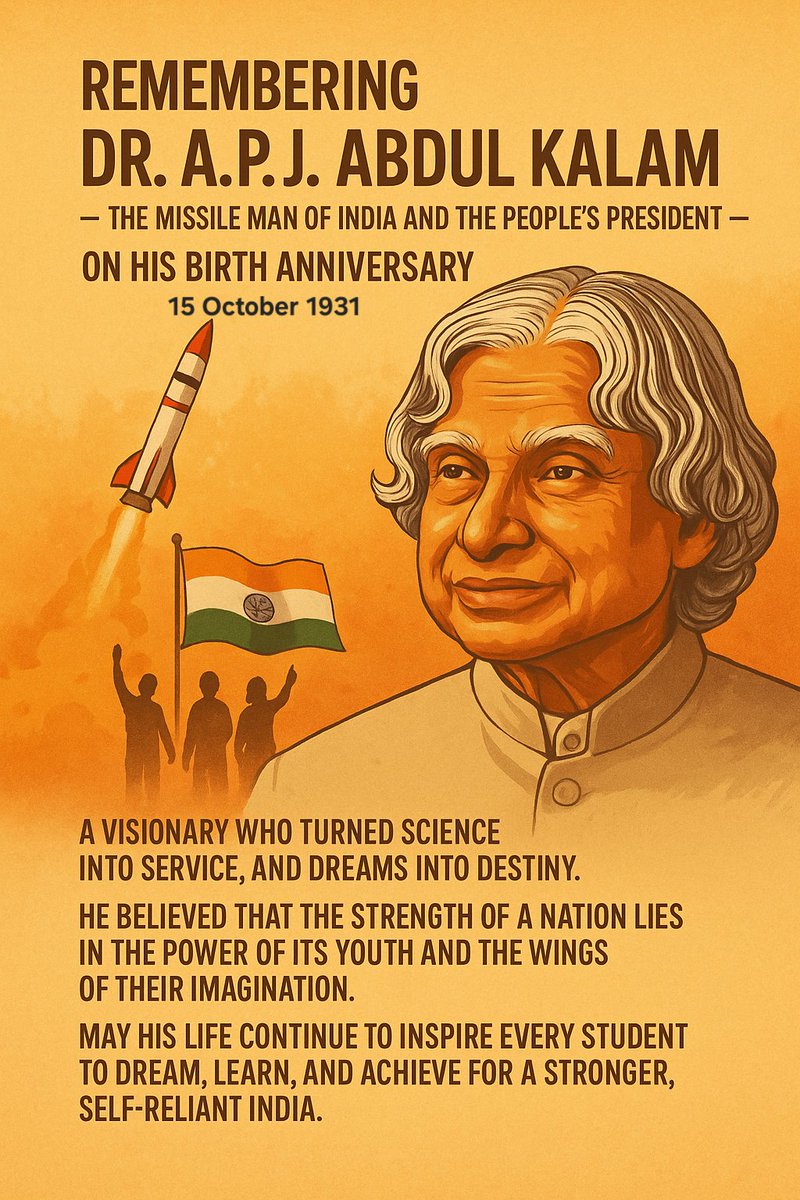 Remembering Dr. A.P.J. Abdul Kalam - the Missile Man of India and the People’s President, on his birth anniversary on 15 October. 

A visionary who turned #science into #service, and #dreams into #destiny.

He believed that the strength of a #nation lies in the power of its
