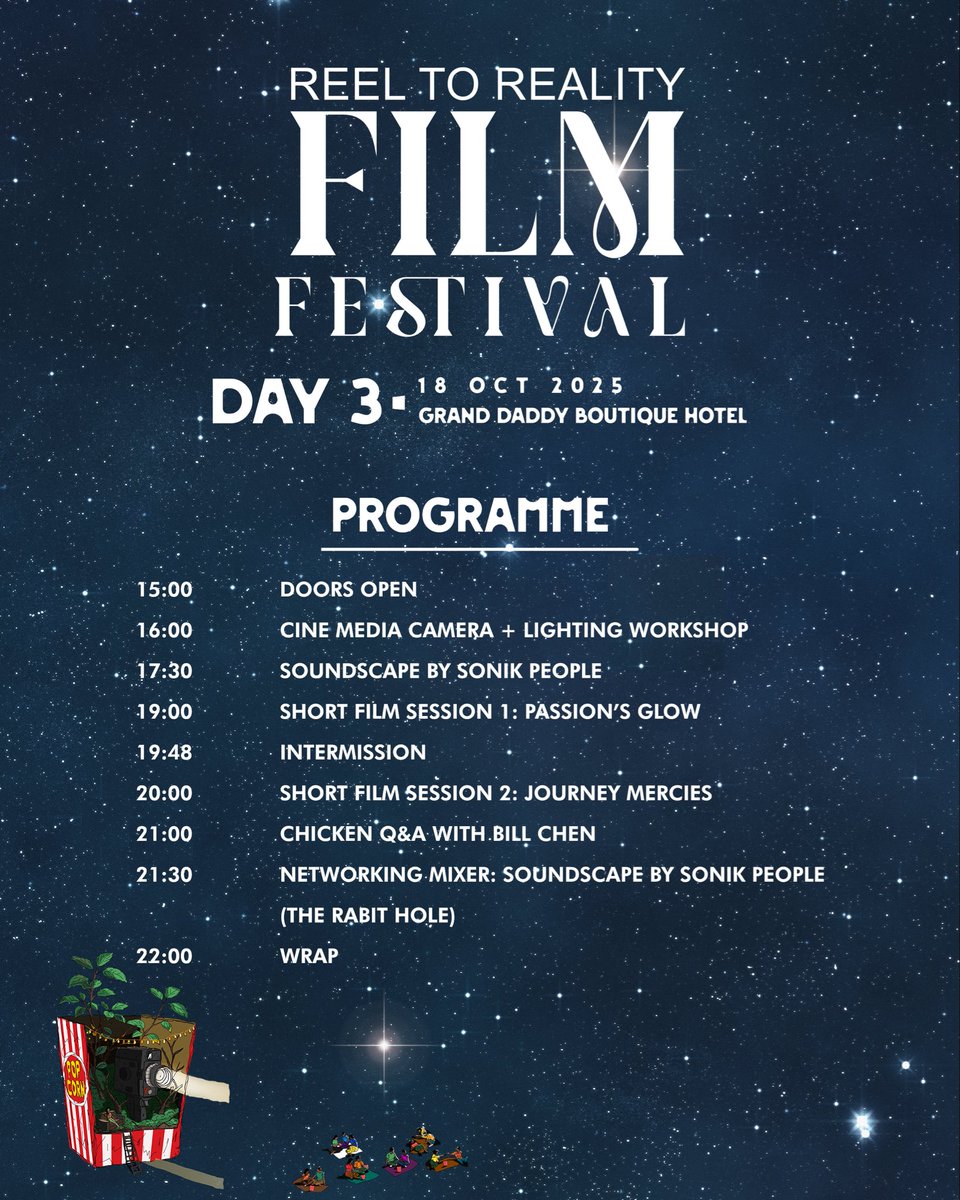 REEL TO REALITY FILM FESTIVAL 
Grand Daddy Boutique Hotel | 18 Oct 2025

From a camera + lighting workshop, to a soundscape and 2 short film sessions, our Cape Town leg brings creativity and community together under the stars. 

Tickets are available on Quicket and in our Bio.