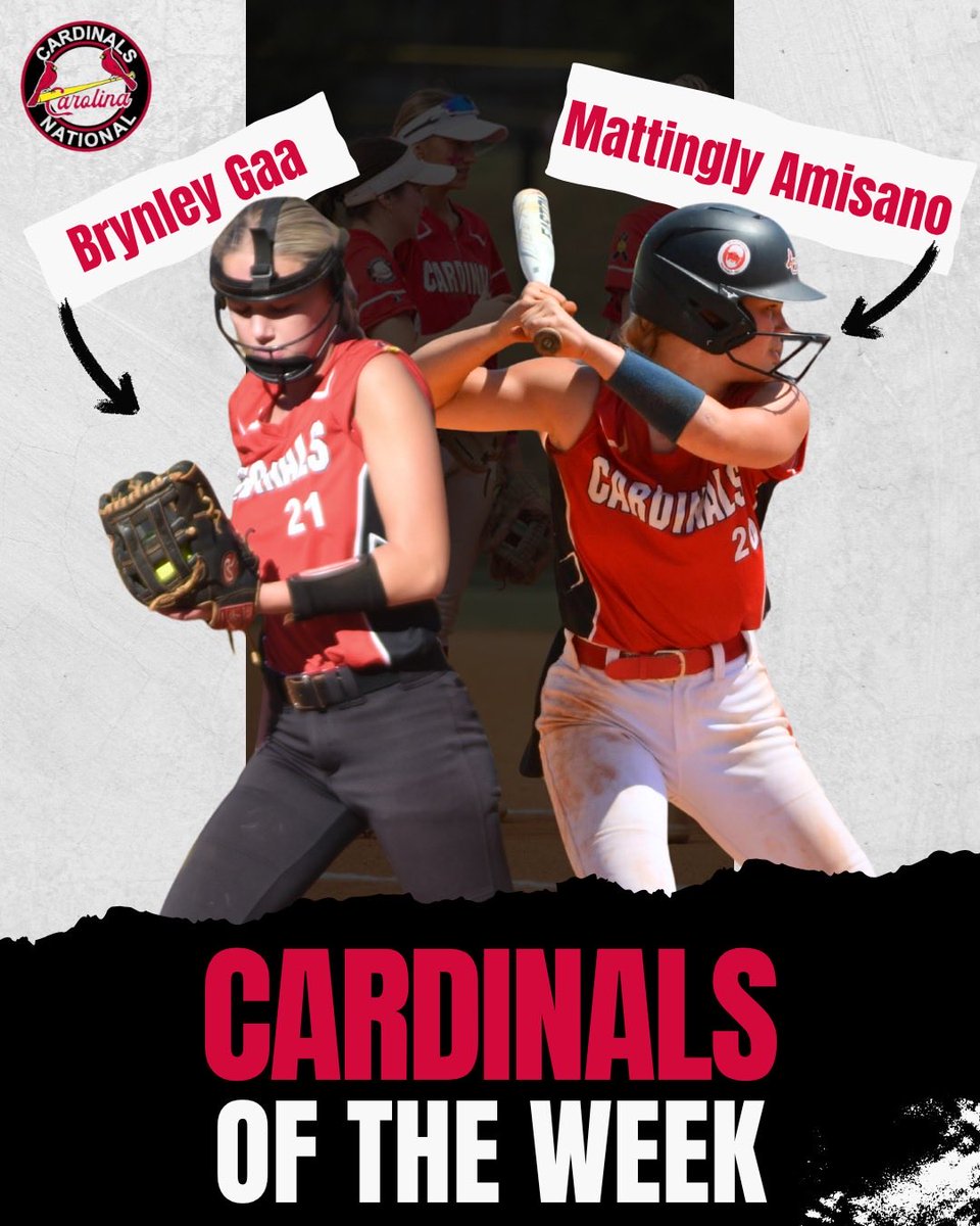 Cardinal(s) OTW- Fall Ca$hionals Spartanburg, SC 

Nominated by teammates we have TWO athletes that really showed out this weekend. 2027 Brynley Gaa &amp; 2028 Mattingly Amisano 

Performing at the plate and in the circle. Both of these girls came in clutch a few times for the Cards!
