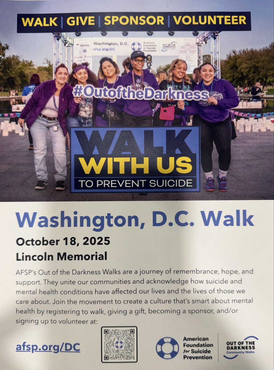Support the  #OutOfTheDarkness Walk in WDC

AFSP promotes mental health by:

Funding scientific research

Engaging the public about mental health and suicide prevention

Advocating for policies and mental health and suicide prevention

Supporting those affected by suicide.