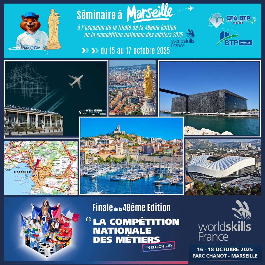 🌟 Le CFA BTP Moselle en déplacement à Marseille !

Du 15 au 17 octobre, nos équipes, accompagnées de la Fédération BTP Moselle, s’envolent pour un séminaire mêlant culture, échanges professionnels et découverte des métiers.