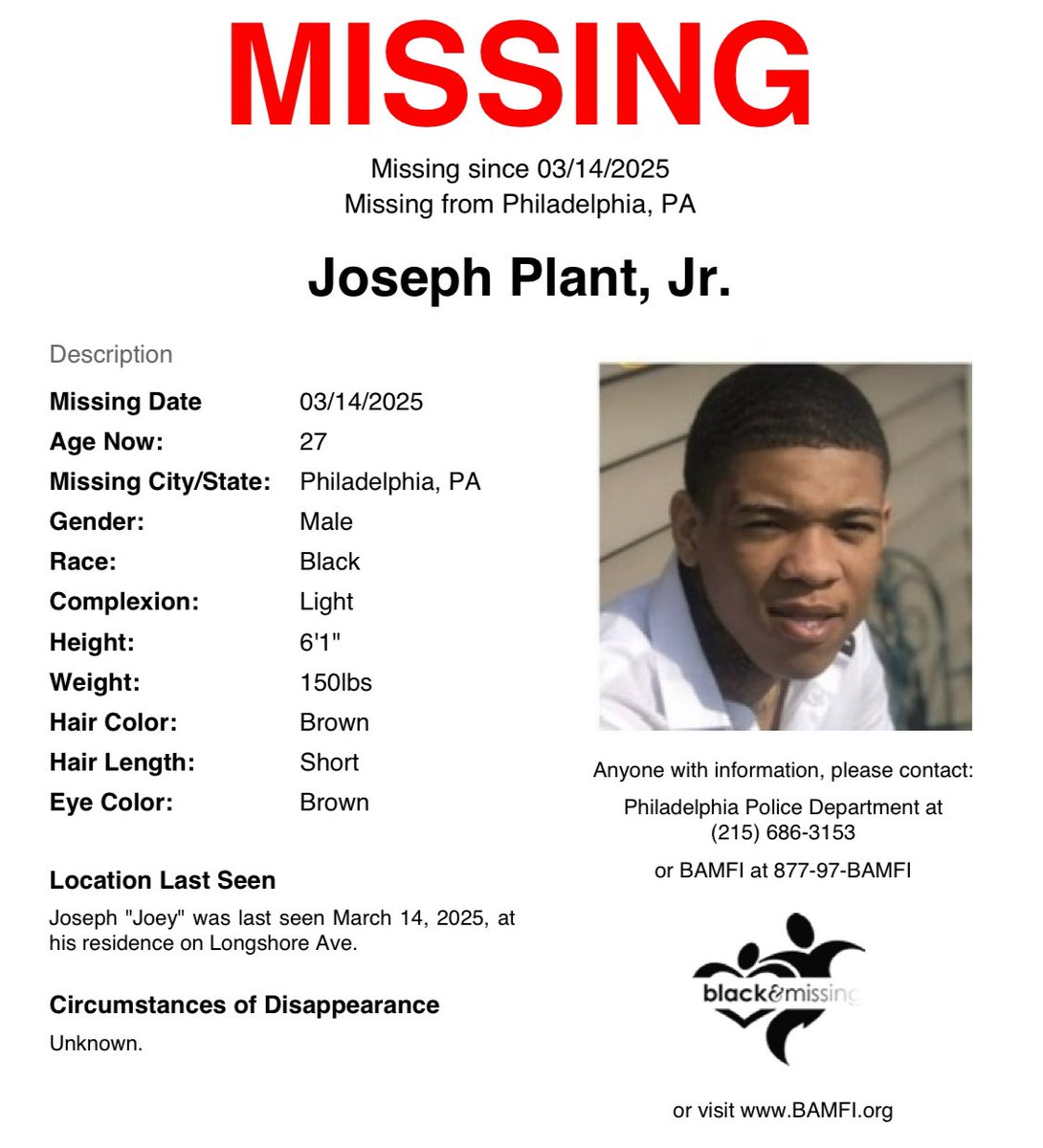 #Philadelphia, #PA: 27y/o Joseph “Joey” Plant Jr’s birthday is coming up this Fri. He is #STILLMISSING &amp; was last seen on Mar 14 at his residence on Longshore Ave in a white shirt, gray hoodie &amp; gray sweats. 

#HelpUsFindJosephPlantJr #JosephPlantJr #HelpUsFindUs