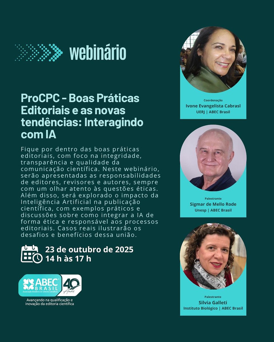 Inscreva-se já e fique por dentro das boas práticas editoriais, com foco na integridade, transparência e qualidade da comunicação científica!
 
Neste webinário, serão apresentadas as responsabilidades de editores, revisores e autores, sempre com um olhar atento às questões