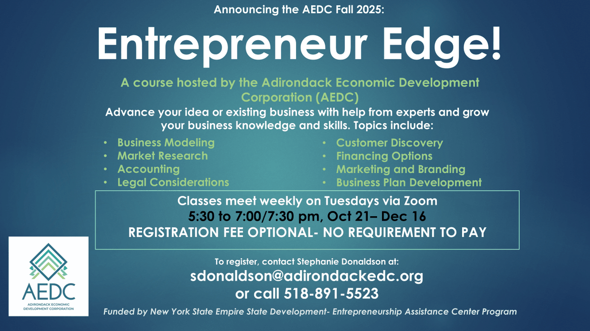 SLC_IDA's tweet photo. Need assistance launching an idea or advancing your business knowledge?  AEDC’s Entrepreneur Edge course will be held on Tuesdays from 5:30-7:00/7:30 pm from October 21st through December 16th.  Classes meet weekly via Zoom. No requirement to pay!
https://t.co/r1u4ssBDPk https://t.co/JAHARu3N4X