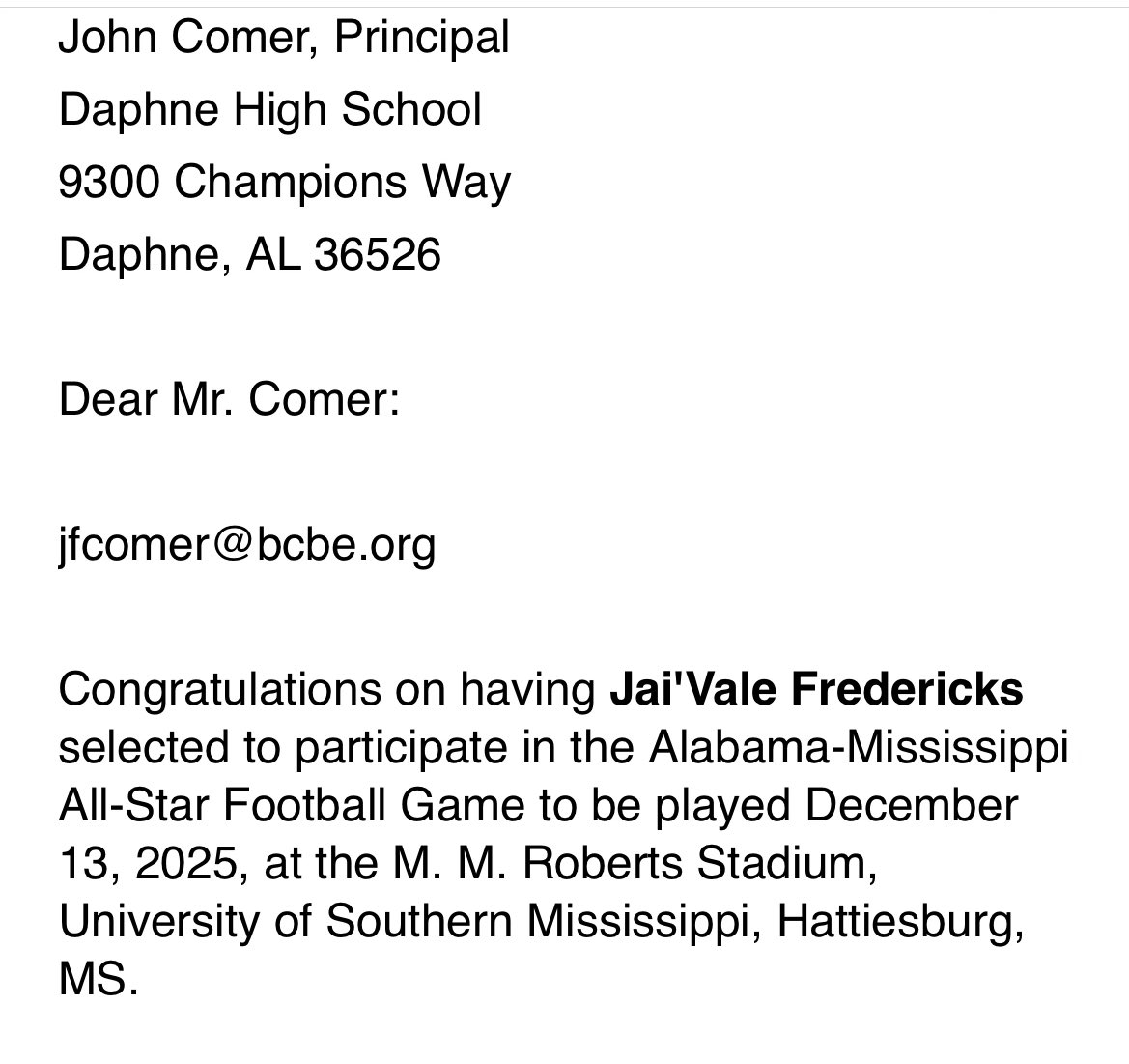 I am blessed  to be selected to play in the Alabama-Mississippi all-star game! #AGTG 
@demetricdwarren
@craighaubert
@theucreport
@tomluginbill
#UAnext
<a href="/DaphneFBTrojans/">Daphne Trojans Football</a> 
@AL7Afootball
@GCMsportsAL
@portcityprospec
<a href="/helmet2helmt251/">Helmet2Helmet251</a> 
<a href="/D1RecruitNation/">D1 Nation</a> 
<a href="/PrepRedzoneAL/">Prep Redzone Alabama</a> 
@On3Recruits