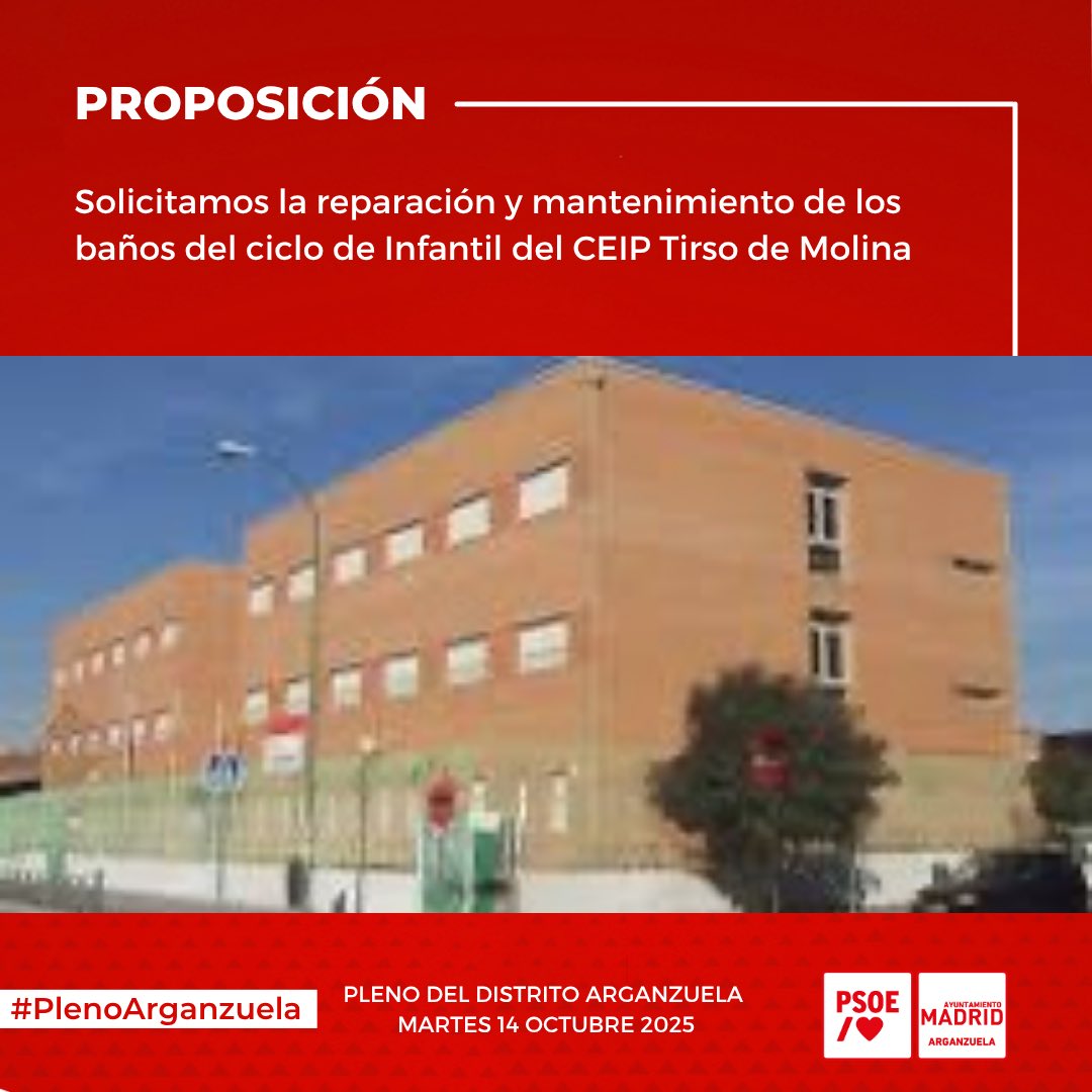 🟢🟢🟢

Aprobada por unanimidad en el pleno de #Arganzuela nuestra proposición para la reparación y mantenimiento de los baños del ciclo de Educación Infantil del CEIP Tirso De Molina.