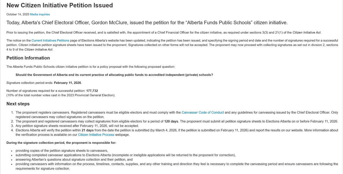 A petition to end public funds for private schools in Alberta is moving ahead...

They will need 177,732 signatures by Feb. 11 to force a referendum vote.

Are you gonna sign it? #ableg #cdnpoli