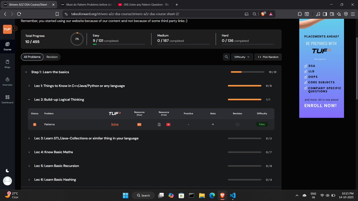 ImMdSarkar's tweet image. Day 2 of #TUFWinterArc by @takeUforward_
Completed Lec - 2 of Striver A2Z DSA Sheet
Really loved the vdo, especially the concentric square pattern which u explained in a very easy way. Thank u
@striver_79 sir for this!🙌
#WinterArc #dailycodingchallenge #100DaysOfCode