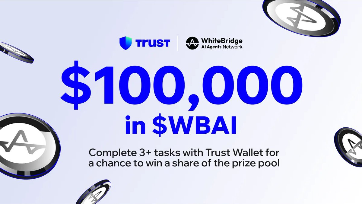 TrustWallet's tweet image. $100,000 in $WBAI rewards 🤖
Celebrate @AiWhitebridge’s upcoming TGE, our first Trust Moon–backed project.
🔹 Like + RT
🔹 Complete 3+ tasks to join: short.trustwallet.com/whitebridge