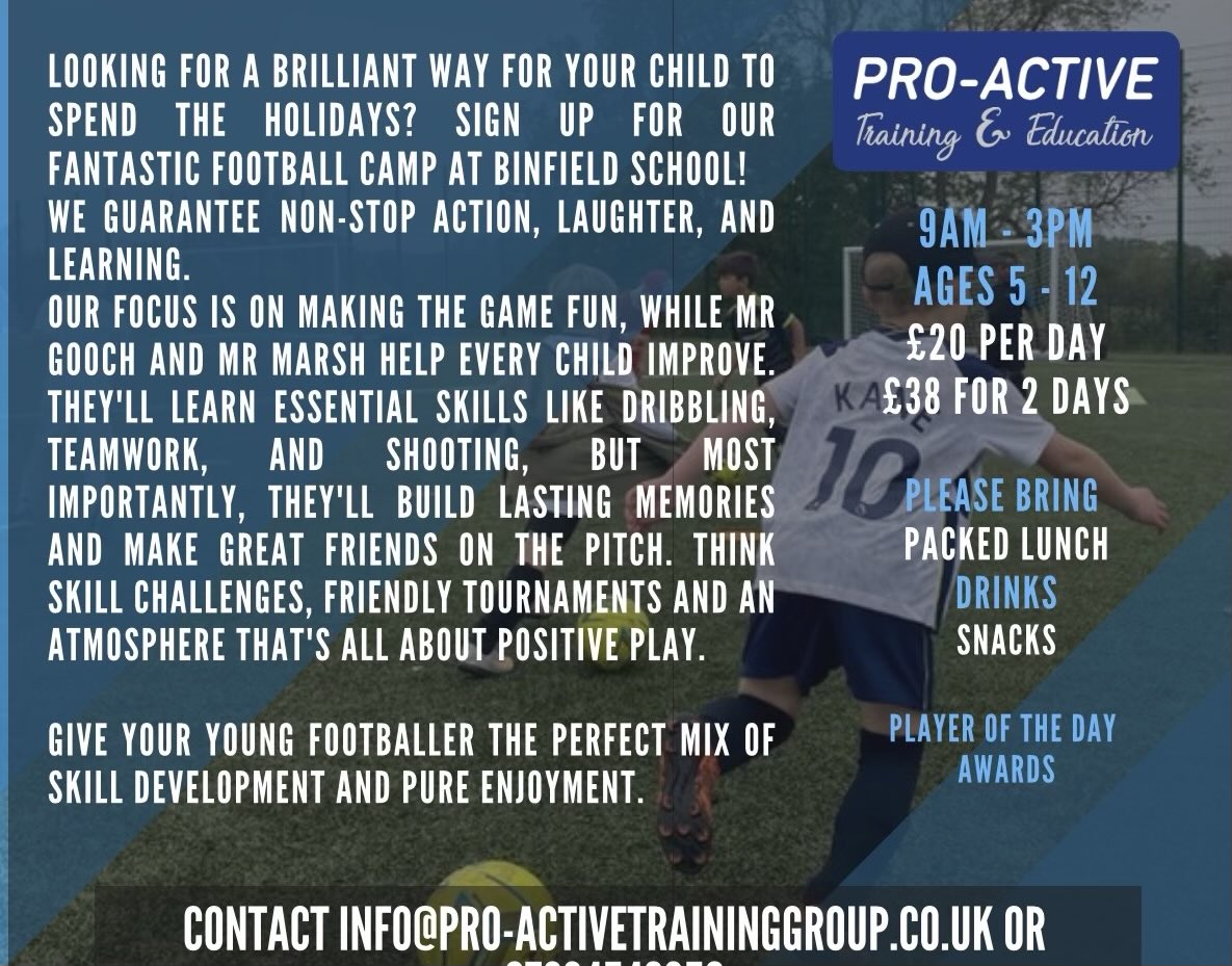 ⚽️ Calling all Girls &amp; Boys from #Year1 to #Year6 We have a 2 day Football Camp @Binfieldschool email info@pro-activetraininggroup.co.uk for more details ⚽️