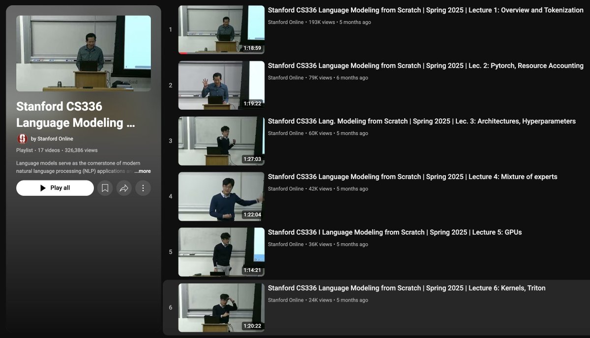akshay_pachaar's tweet image. If anyone needs a video guide to Karpathy's nanochat, check out Stanford's CS336!
It covers:
- Tokenization
- Resource Accounting
- Pretraining
- Finetuning (SFT/RLHF)
- Overview of Key Architectures
- Working with GPUs
- Kernels and Tritons
- Parallelism
- Scaling Laws
-…