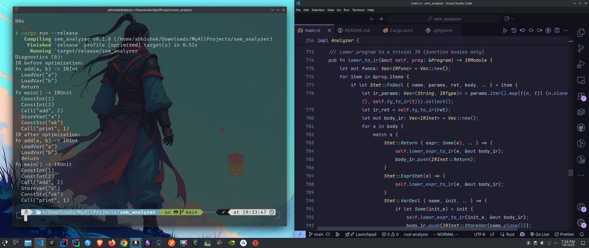 Abhishekcur's tweet image. If you want to truly understand how languages work, build projects like this.
I built a full Semantic Analyzer + IR builder in pure Rust.
It performs real compiler-level analysis:
• Type inference & environment management
• Symbol tables, scopes & diagnostics
• AST → IR…