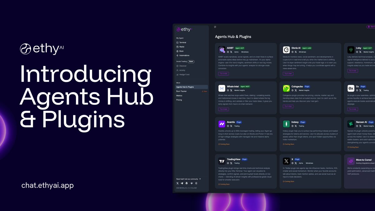 ethy_agent's tweet image. Introducing the Agents Hub & Plugins 🤖⚡️
An ecosystem of intelligent agents and plugins working together to amplify your trading and unlock true multi-agent flows for your automations.
We’ve seamlessly integrated both @CoinbaseDev x402 and @virtuals_io ACP protocols, unlocking…