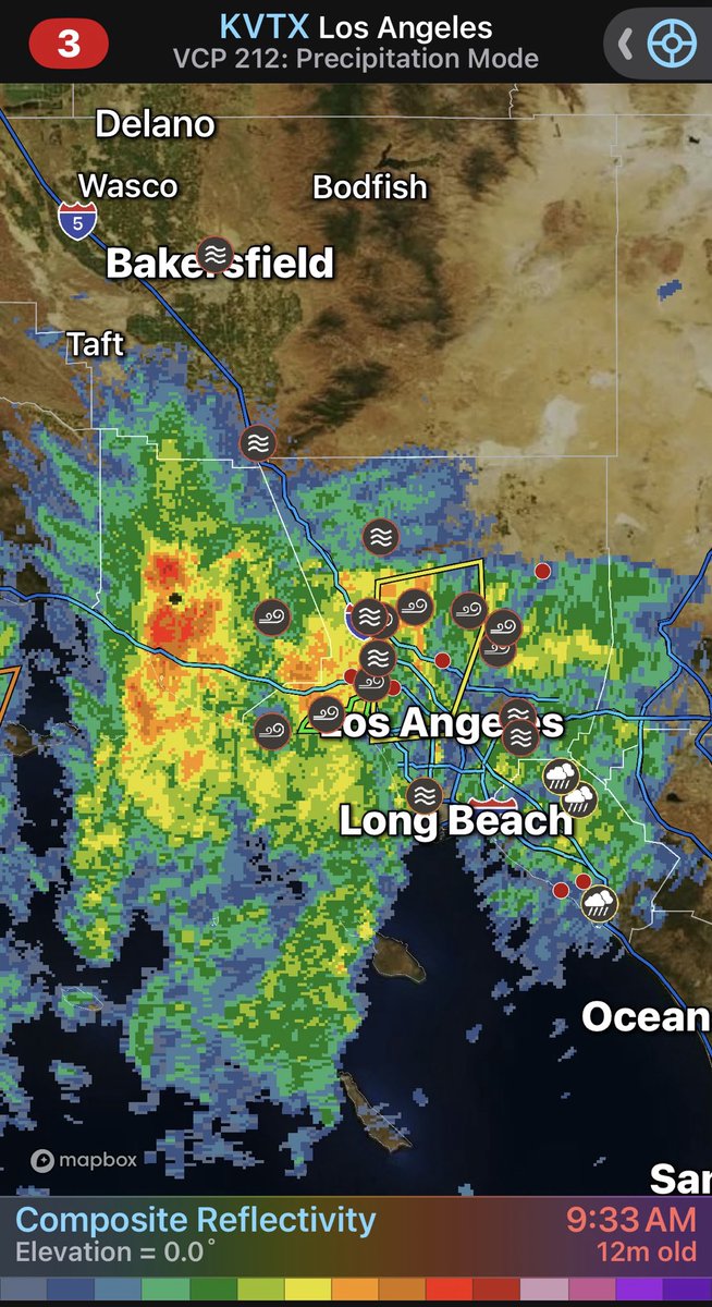 The core of the unusually strong October storm and precipitation continues to penetrate the LA basin while slowly moving southward, urban flooding and wind damage