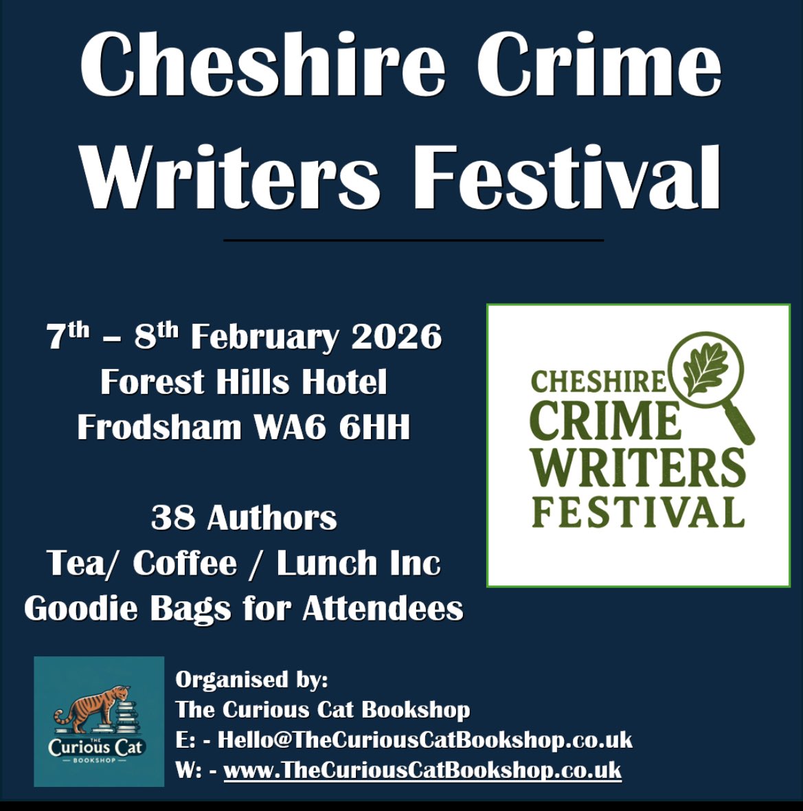 Delighted to say I’ll be speaking at the Cheshire Crime Writer’s Festival in February. 
Early bird tickets are now on sale below for both days. 
There’s some fabulous names speaking over two days including Louise Candlish and Tom Hindle! 
thecuriouscatbookshop.co.uk/cheshire-crime…