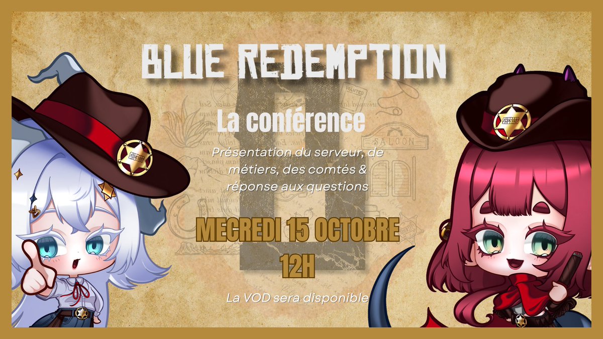 Vous avez entendu parler de Blue Redemption, mon serveur Red Dead RP ouvert de novembre à décembre, mais vous n'êtes pas à jour? 🤠

Rendez-vous à 12h demain pour discuter de mon dernier gros projet contenant plus de 200 joueurs sur ma chaine twitch.  tv/angeceleste! 🪽