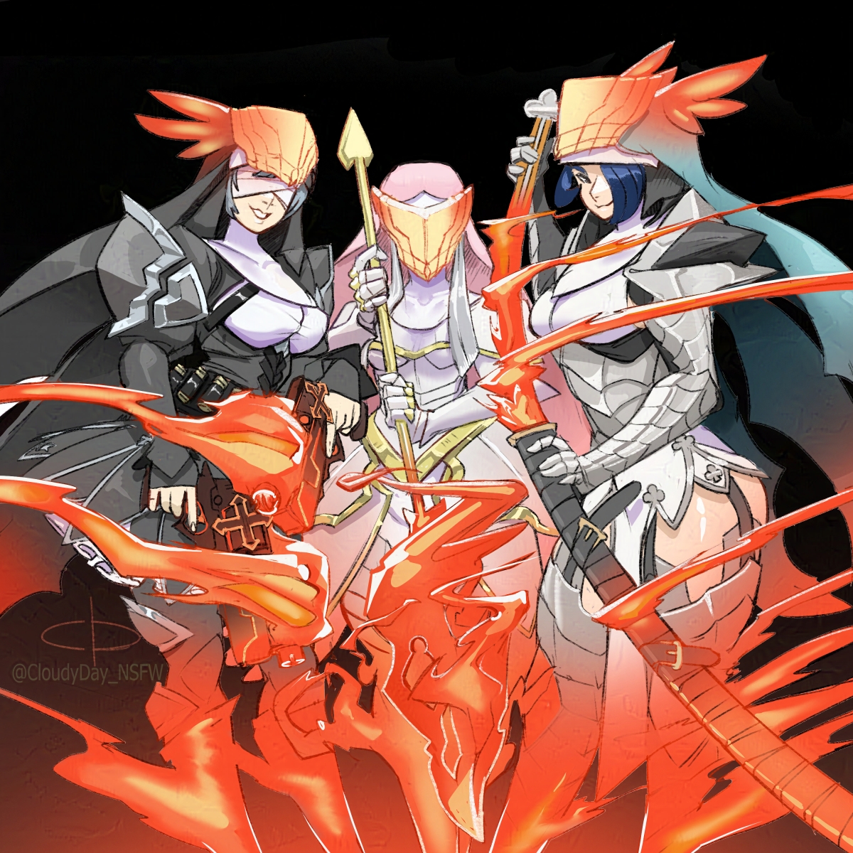 #Commission #Digimon 
Asked commissioner if I could post! 'U'
Atho, René, and Por are the creations of Jessmon upon completing his training as a Royal Knight under Gankoomon. But unlike the dragon his mentor summons, the three resemble skill of the Sistermon who helped raise him