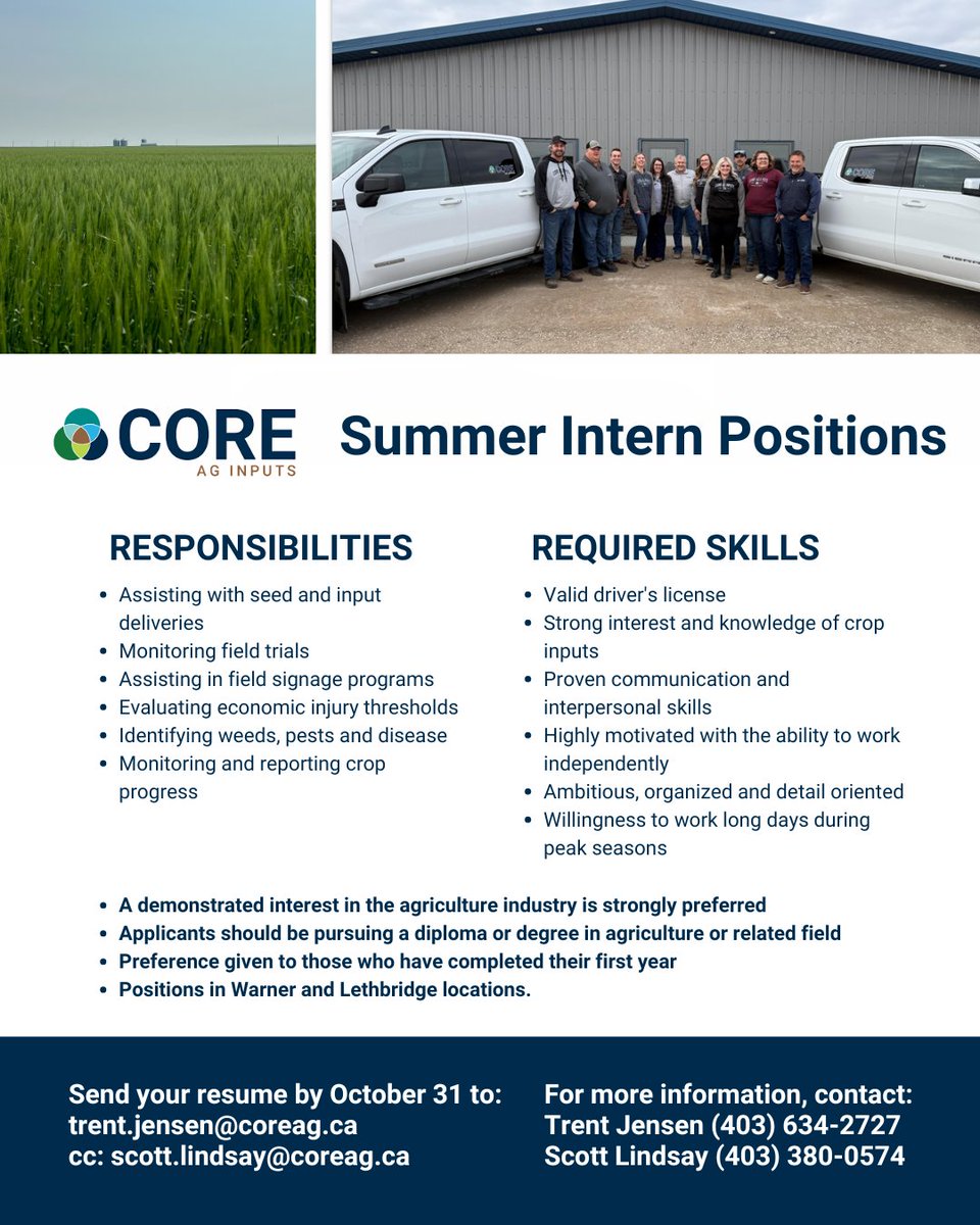 Have you ever wondered what it's like to work for Core Ag? Now's your chance!✔️

We are looking for summer students for both the Lethbridge and Warner locations, to help assist with, but not limited to the above-mentioned duties. 

We look forward to hearing from you!
