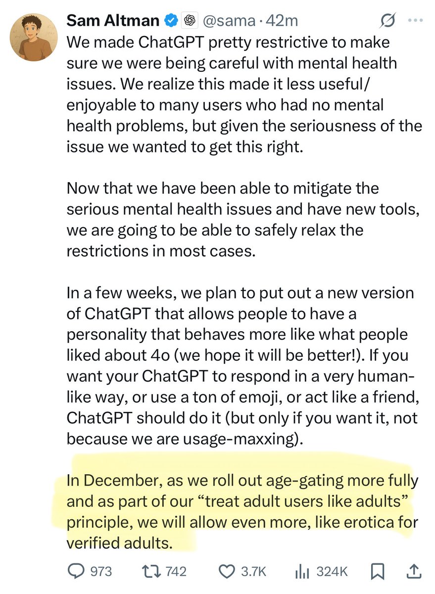 alliekmiller's tweet image. Gaming and porn industries are known for being some of the earliest and largest adopters of AI. 

Not surprised that OpenAI is looking to carve out some of the market, but a little weirded out that the announcement was smuggled in as part of a mental health conversation.