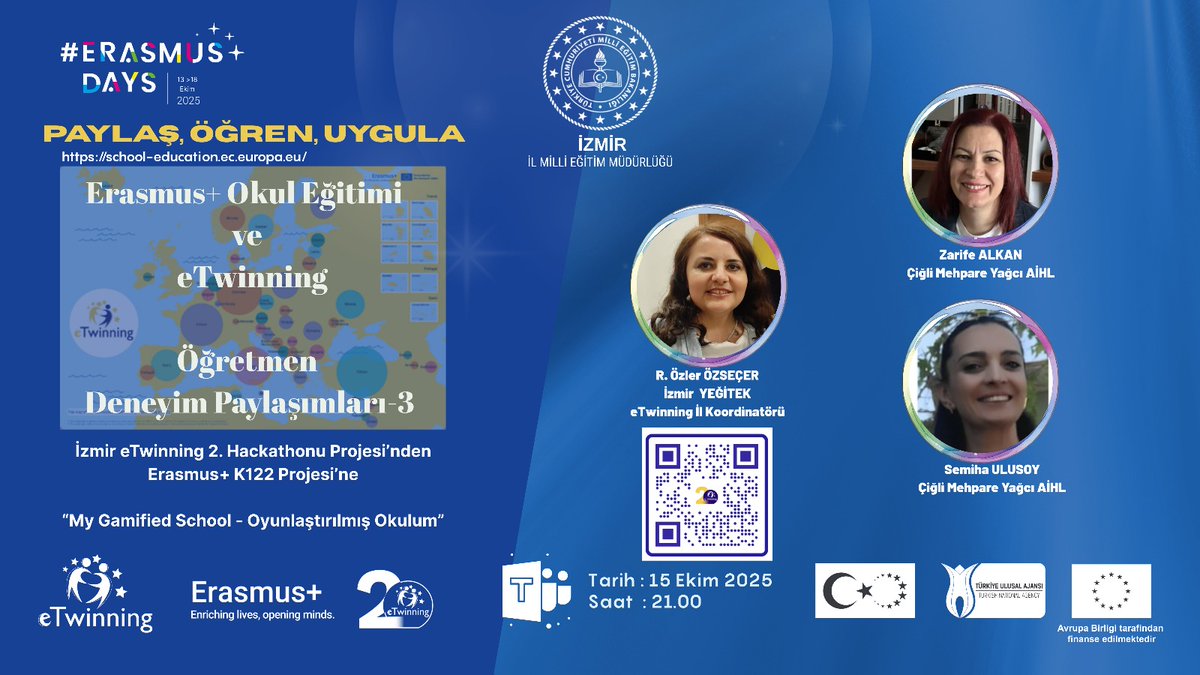 📢 Öğretmenlerimizin uluslararası deneyimleri paylaşılıyor!
✨Türkiye Yüzyılı Maarif Modeli hedefleri doğrultusunda Erasmus+ Okul Eğitimi ve eTwinning projeleri kapsamında düzenlenen “Paylaş, Öğren, Uygula – Öğretmen Deneyim Paylaşımları 3” çevrim içi oturumunda, değerli