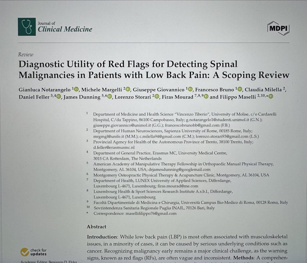 Diagnostic Utility of Red Flags for Detecting Spinal Malignancies in Patients with Low Back Pain: a Scoping Review (Notarangelo et al, 2025) #AAMTFellowship