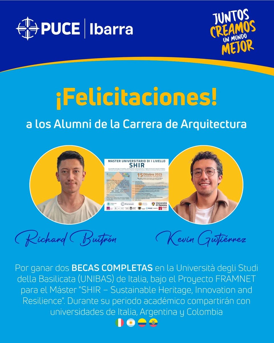🎉 ¡Felicitamos a nuestros Alumni de la Carrera de Arquitectura de la PUCE Ibarra!
Ganadores de una beca completa en la Università degli Studi della Basilicata (UNIBAS) de Italia 🇮🇹, bajo el prestigioso Proyecto FRAMNET.

👏 ¡Orgullo PUCE! ¡Orgullo Ibarra!