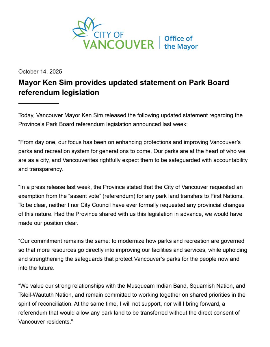 Today, I released an updated statement regarding the Province's recently announced Park Board referendum legislation.

I will not support, nor bring forward, a referendum that would allow any park land to be transferred without the direct consent of Vancouver residents.

Read my