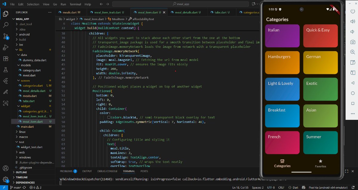 riddhibagal_26's tweet image. In @FlutterDev I worked on Meals App & learnt:
1. Stack Widget and MultiScreen Navigation.
2.Improved MealDetails Screen, MealItem Widget and added navigation to the MealDetails Screen.
3. Fetched data, images dynamically.
4. Adding Tab-based Navigation.
#flutterdev