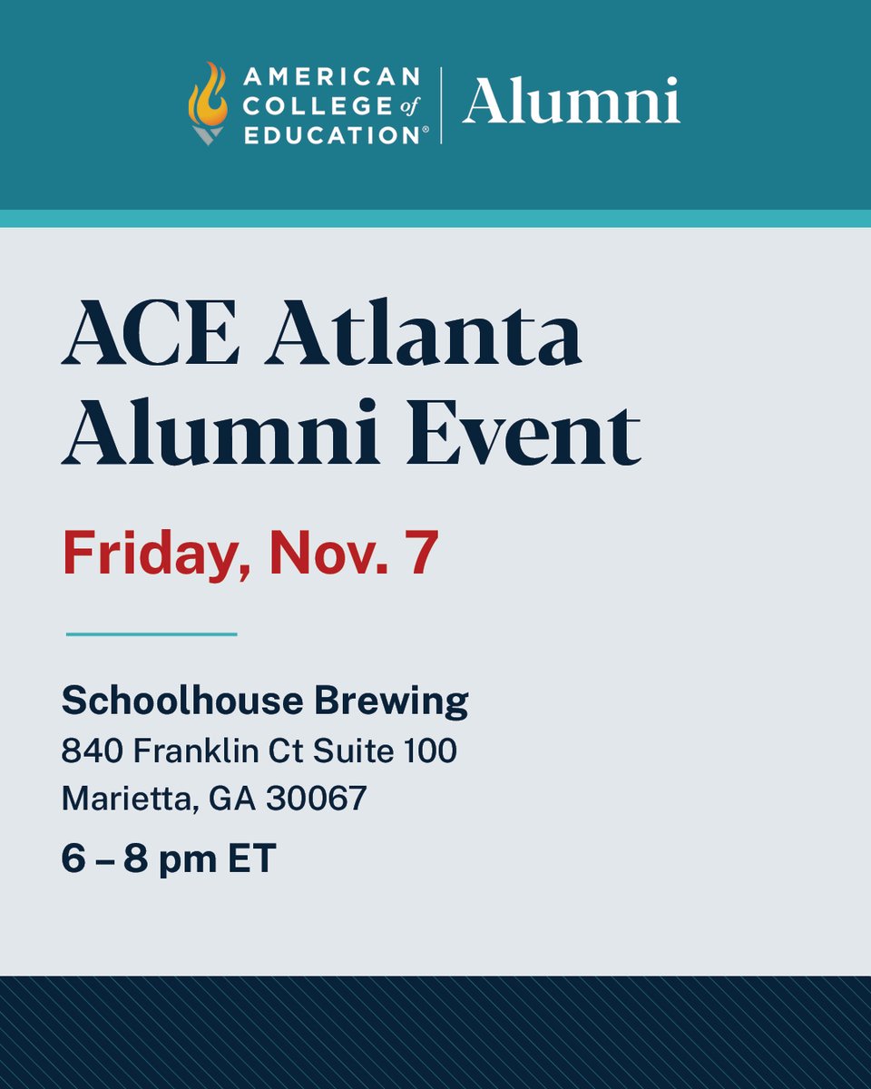 ACEedu's tweet image. 📢 Calling all #ACEAlumni! Come join us at the ACE Atlanta Alumni Event happening next month. See details below! 
⏰ WHEN: Friday, Nov. 7 from 6 – 8 pm ET 
📍 WHERE: Schoolhouse Brewing in Marietta, GA 

Network with local ACE alumni, meet faculty, students and other graduates…