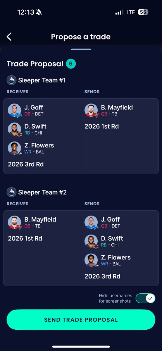 Kendog724's tweet photo. @SleeperNFL Who’s winning? The team with baker has an extra 1st round pick from prior trades https://t.co/a10Bs1uGP7