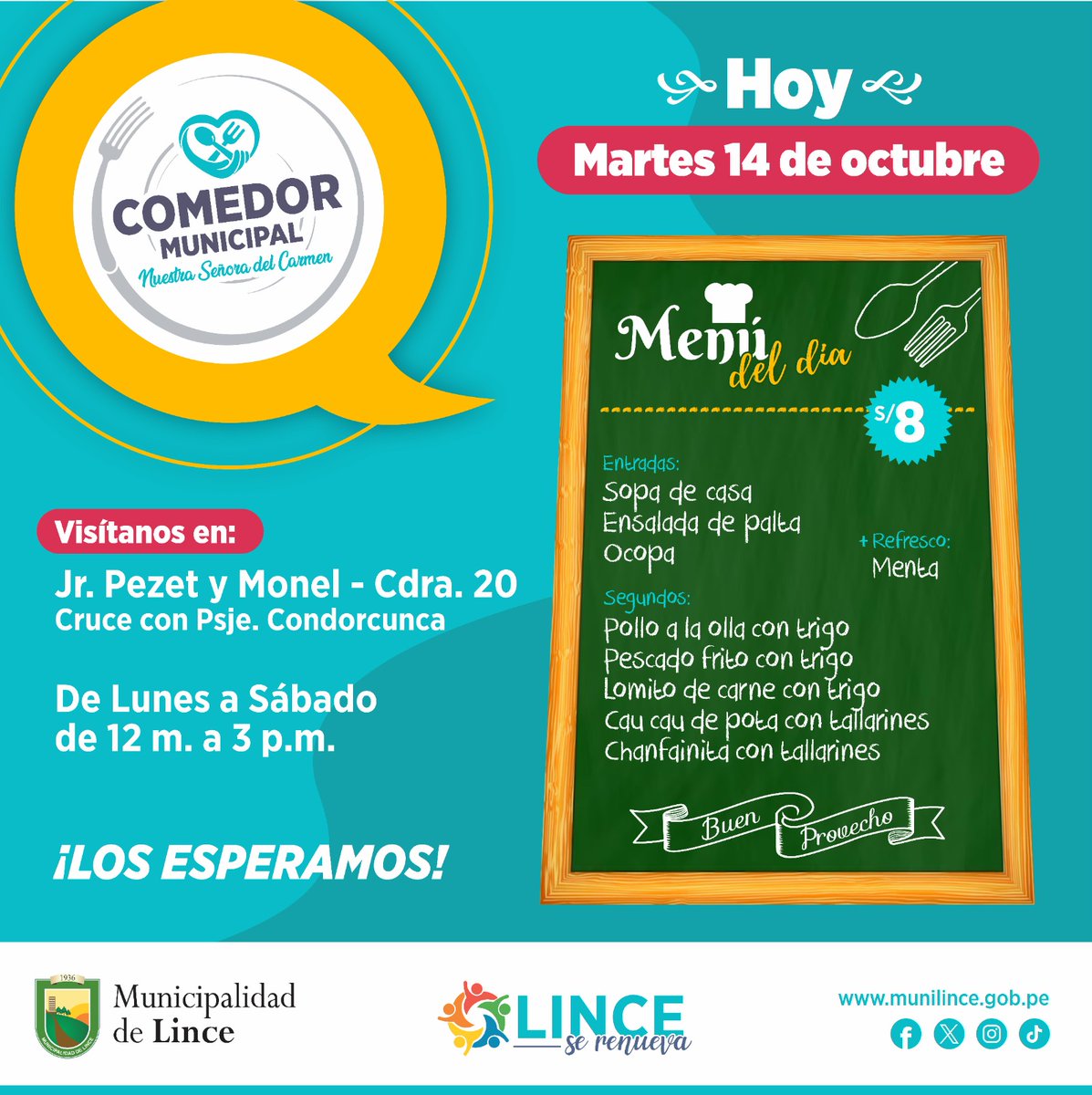 𝐂𝐨𝐦𝐢𝐝𝐚 𝐜𝐚𝐬𝐞𝐫𝐚 𝐪𝐮𝐞 𝐫𝐞𝐜𝐨𝐧𝐟𝐨𝐫𝐭𝐚 𝐲 𝐚𝐥𝐢𝐦𝐞𝐧𝐭𝐚! Ven al "Comedor Municipal Nuestra Señora del Carmen" y disfruta un menú completo, sabroso y saludable por solo S/8. Alimentarse bien también es cuidarse. ¡Te esperamos con los brazos abiertos!
